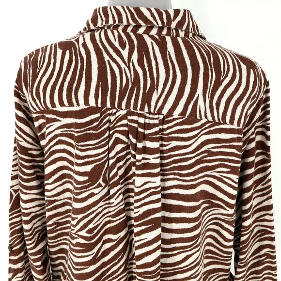 Jones NY Top Plus Size 1X Linen Blend Ivory Brown Animal Print Blouse Henley - Picture 9 of 13